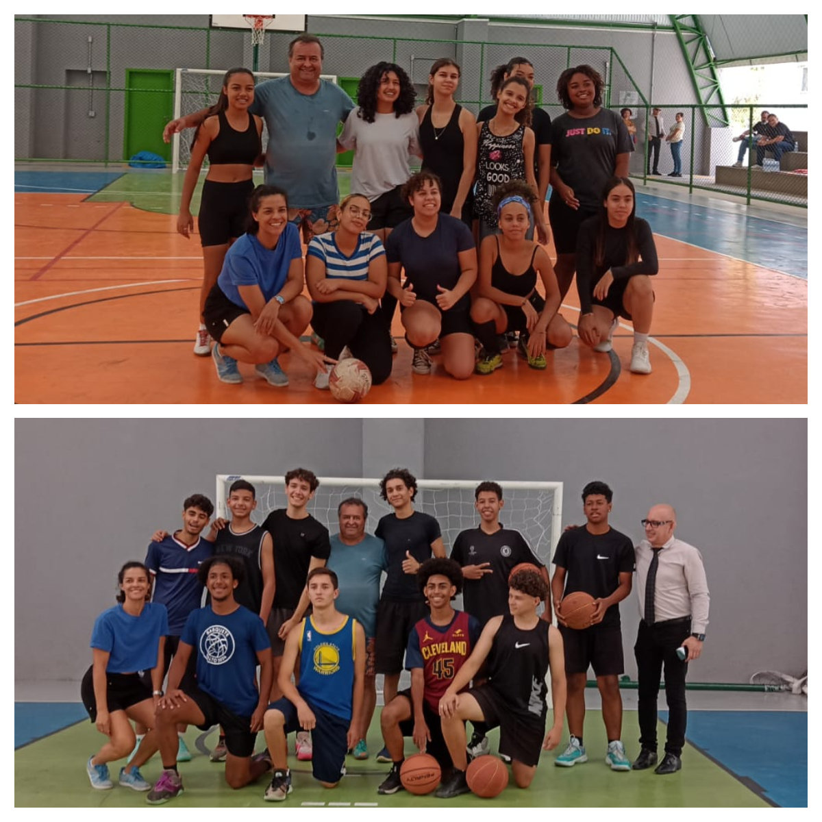Acima, Silmário e Cathia (de azul) com o time feminino de futsal. Abaixo, Silmário, Cathia e Edilson (à direita) com o time masculino de basquete